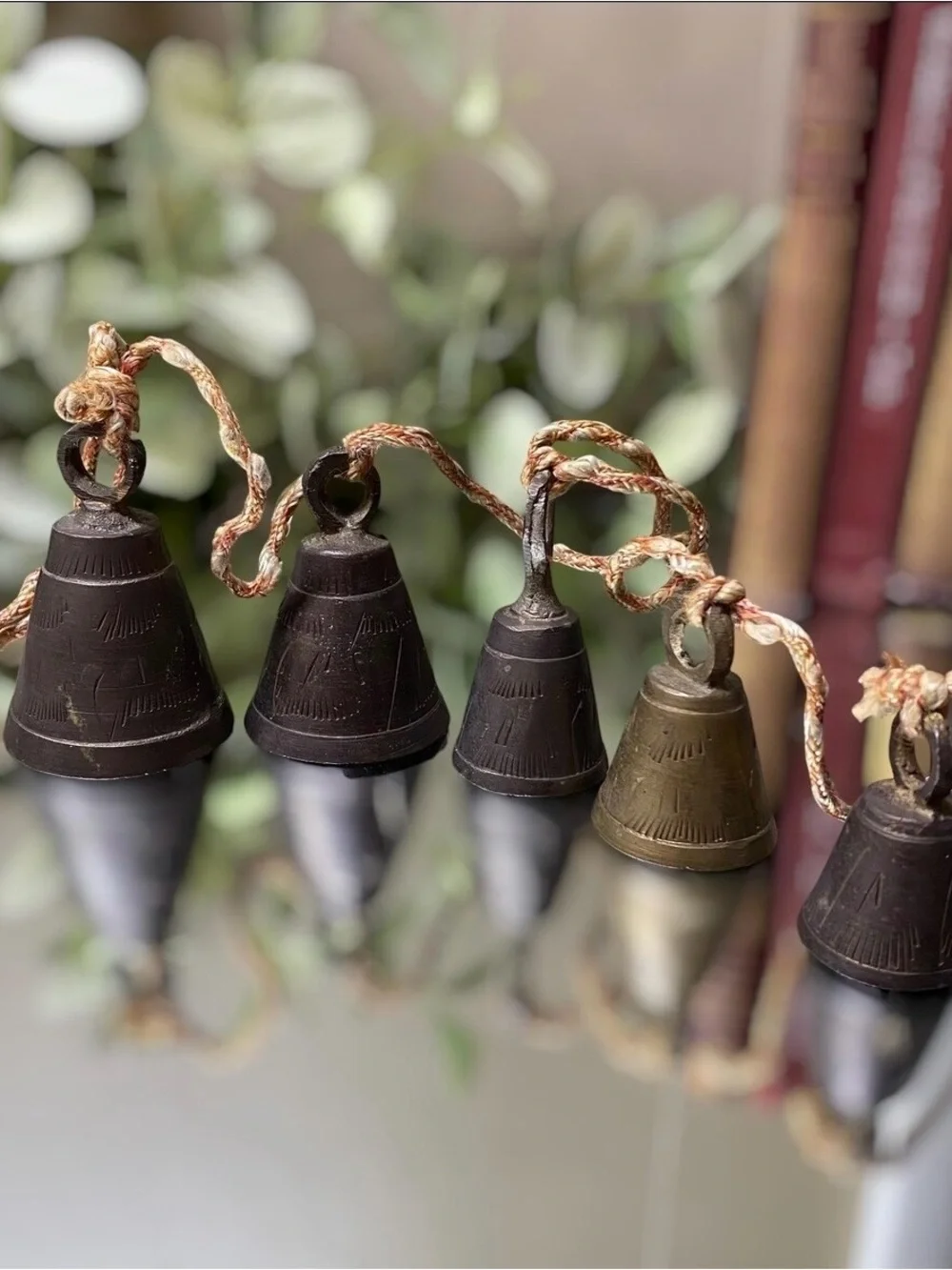 Vintage Brass Bells Of Sarna Etched Leaf Set Of 5 Original Cord